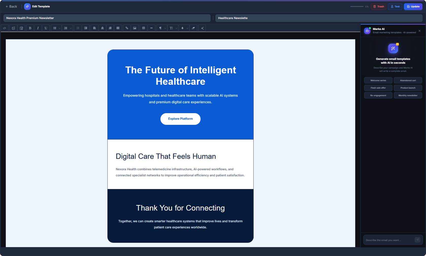 Merko AI template builder with a live email preview and an AI assistant panel that applies templates to the editor