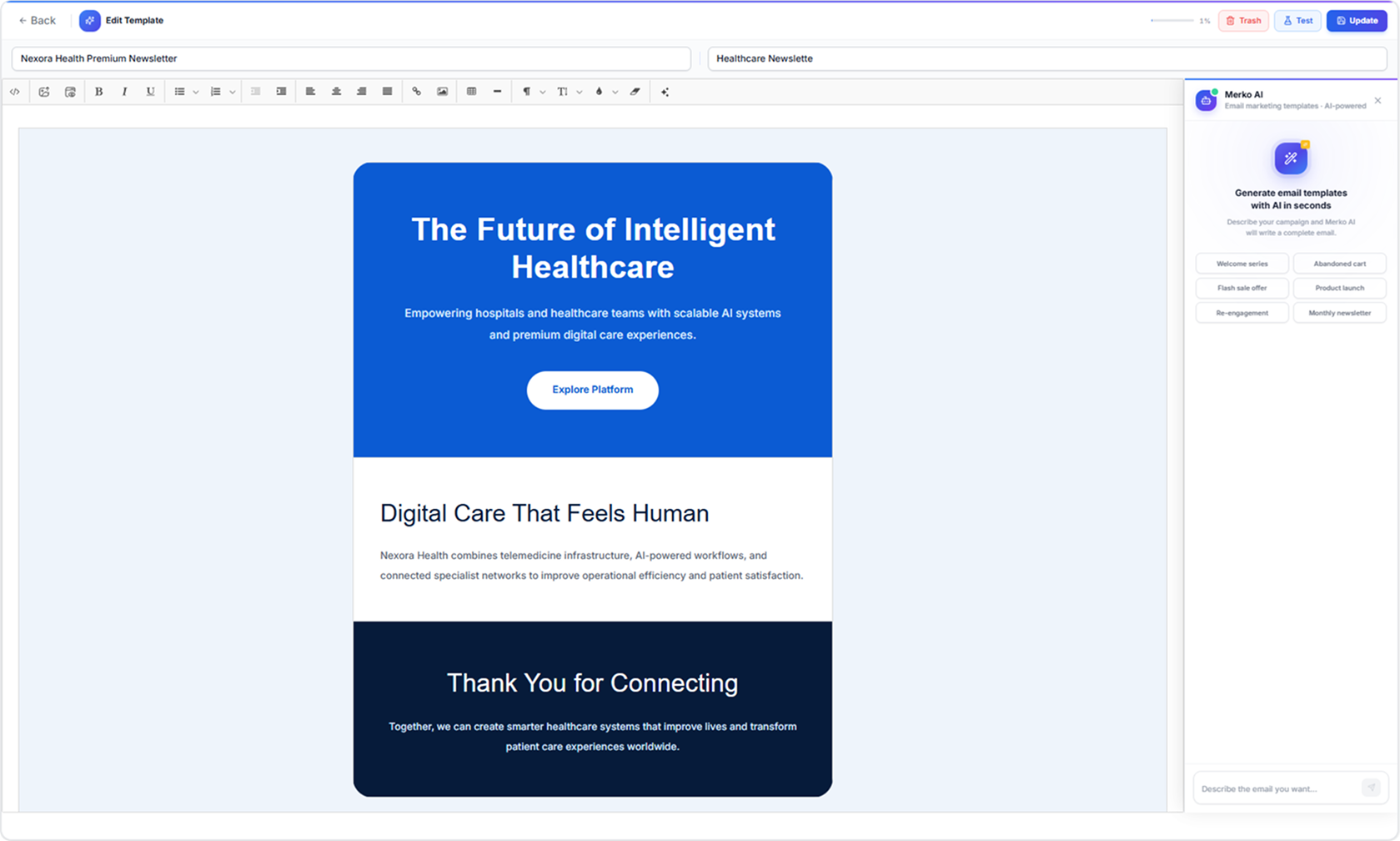 Merko AI template builder with a live email preview and an AI assistant panel that applies templates to the editor