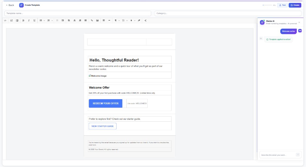 Merko AI template builder with a live email preview and an AI assistant panel that applies templates to the editor