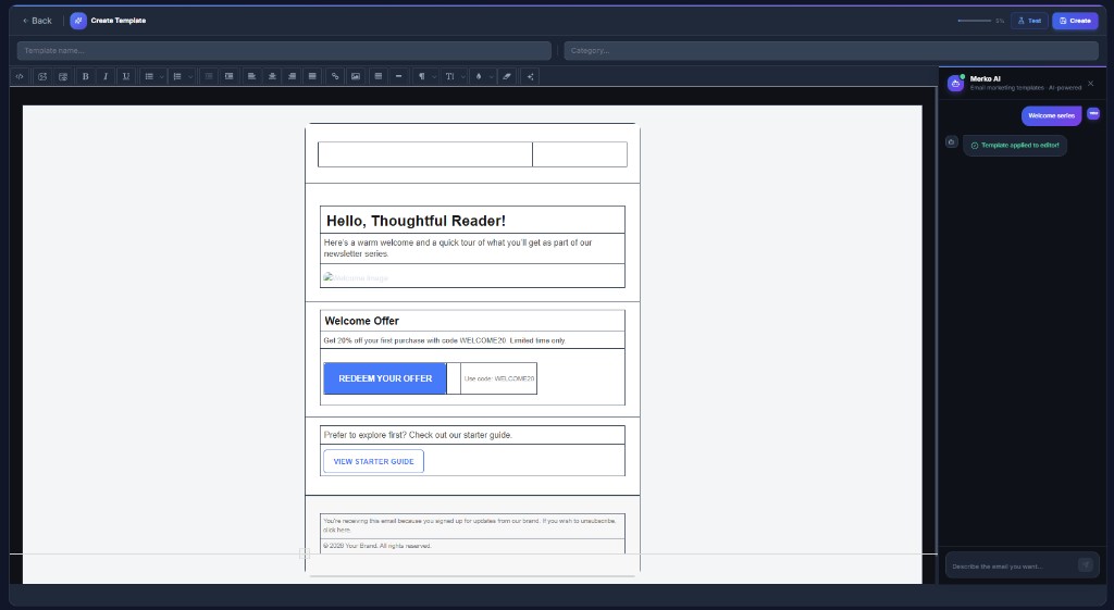 Merko AI template builder with a live email preview and an AI assistant panel that applies templates to the editor
