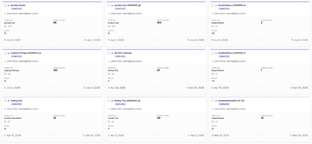 Merko campaign history showing completed automated campaigns with templates, credits used, groups, and send dates