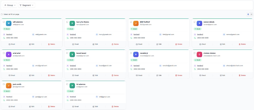 Merko Leads view showing summary stats, search and group/segment filters, a grid of contact cards with validation status and email/edit/delete actions, and pagination across 22,402 entries